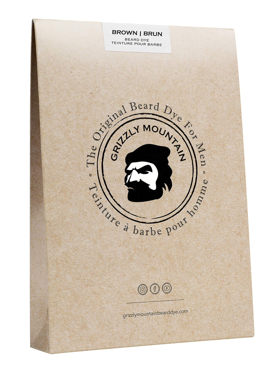 Grizzly Mountain front packaging showing organic brown beard dye benefits