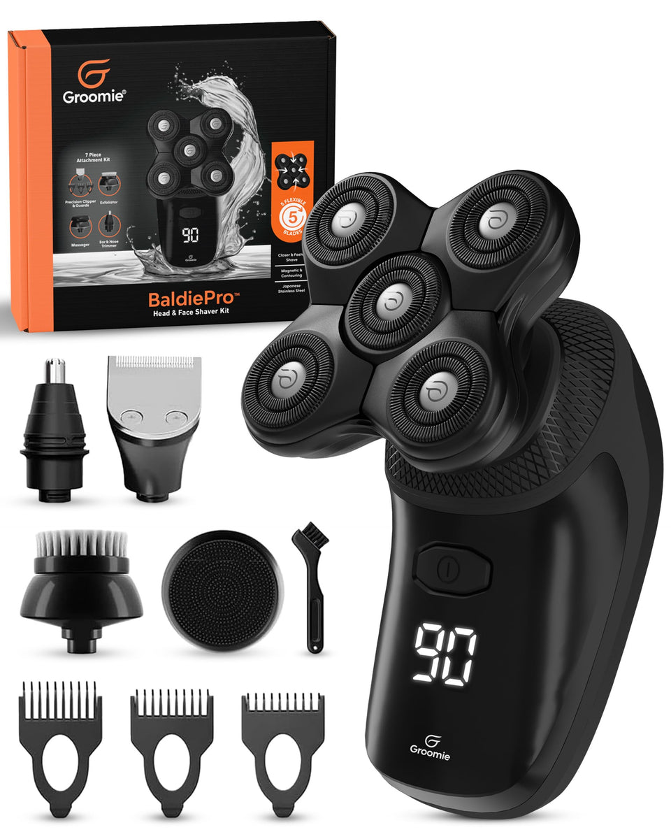 Groomie BaldiePro front view showing kit packaging and included tools for complete grooming