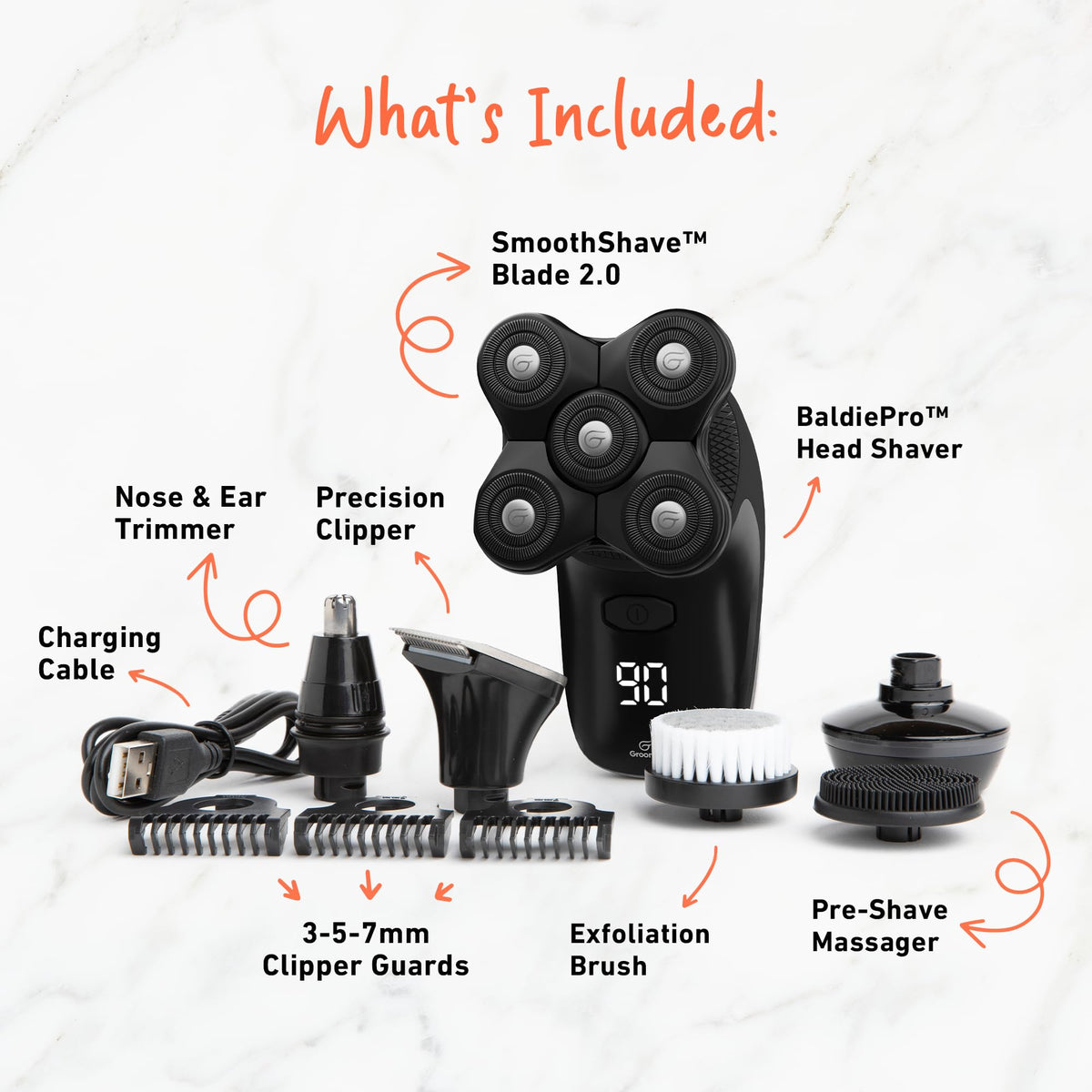 Groomie BaldiePro held in hand highlighting ergonomic grip for steady control