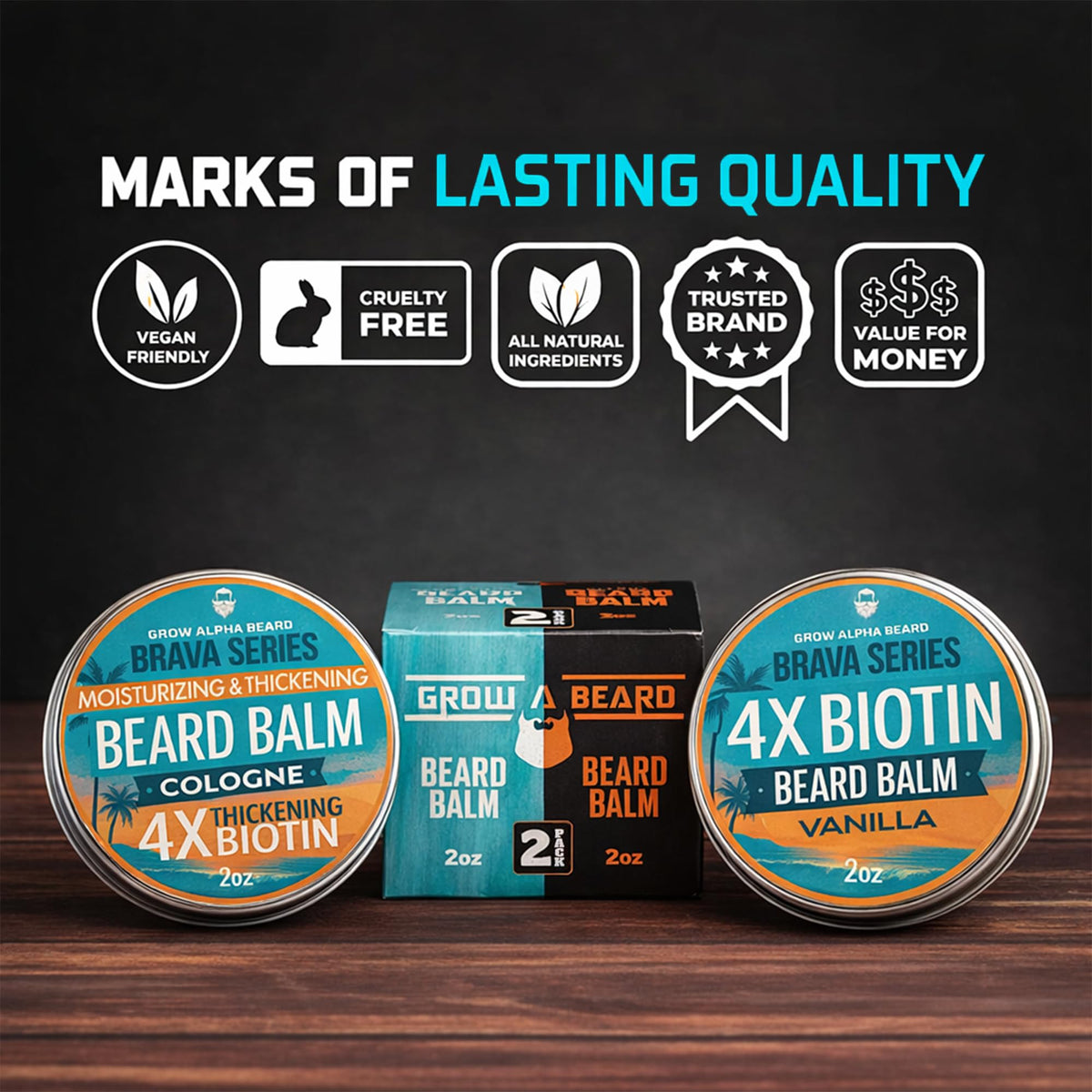 GROW ALPHA BEARD balm on hand ready to apply for softer manageable beard