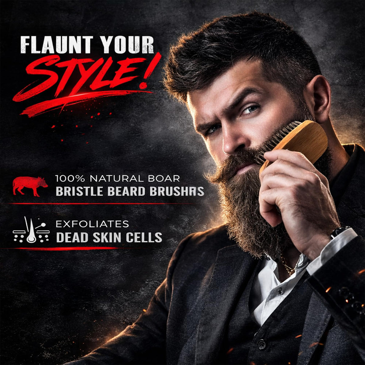 GROW ALPHA BEARD boar-bristle brush close-up showing firm bristles and even distribution