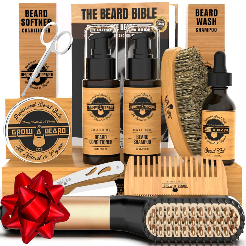 GROW ALPHA BEARD front packaging in bamboo box showing full grooming kit benefits