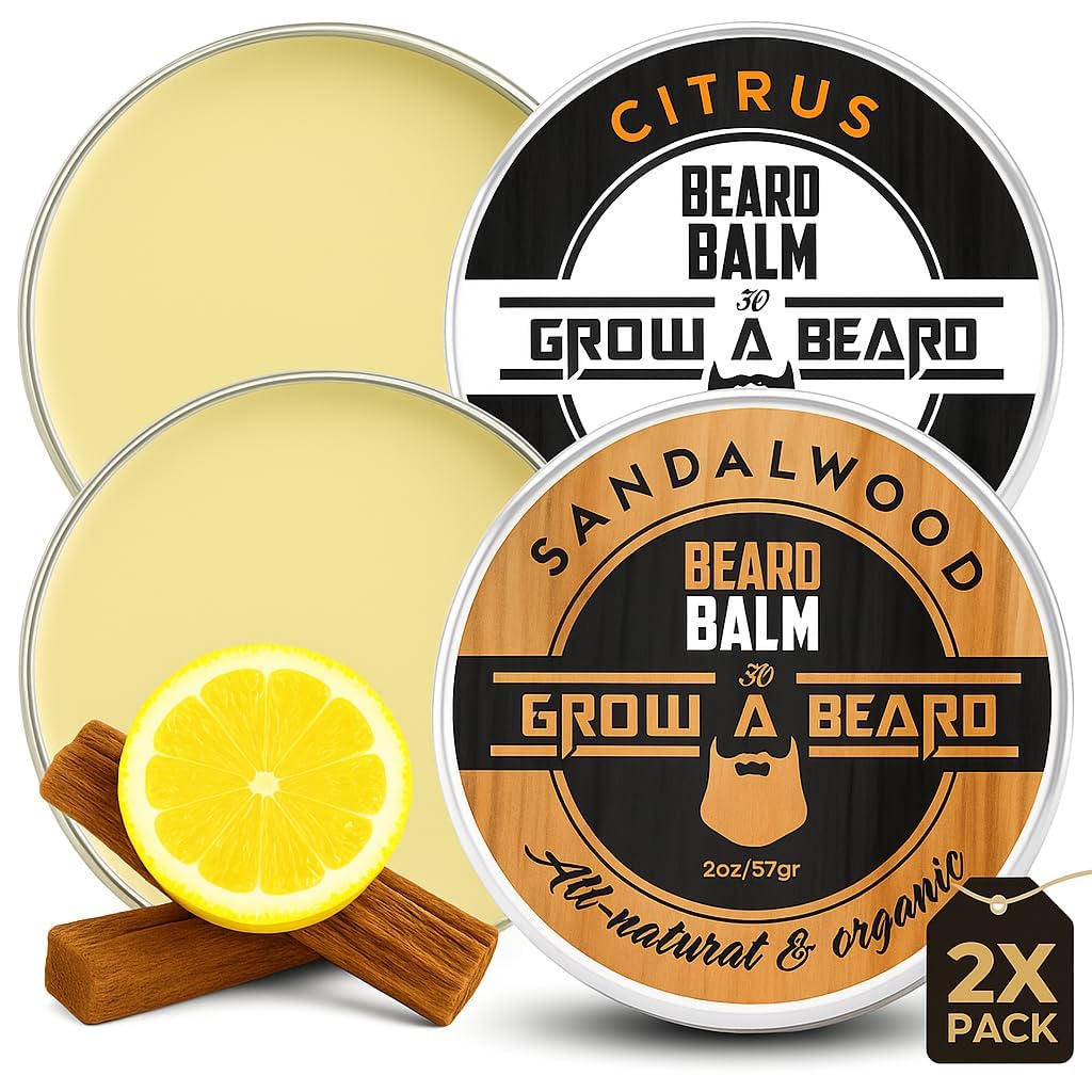 GROW ALPHA BEARD front packaging duo shows both sandalwood and citrus jars and benefits