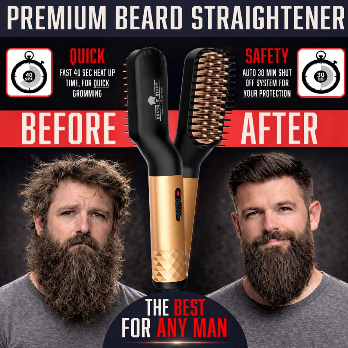 GROW ALPHA BEARD heated comb front view for quick styling and travel convenience