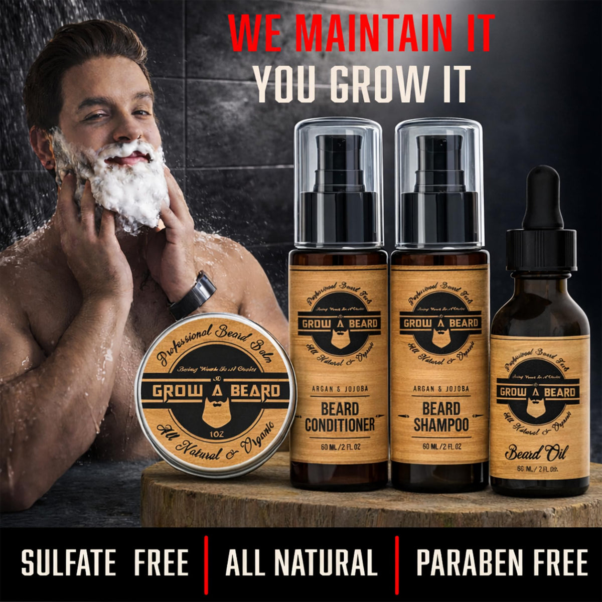 GROW ALPHA BEARD unscented oil and sandalwood balm bottles for nourishment and hold