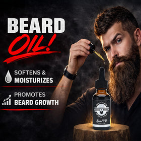 GROW ALPHA BEARD beard oil bottle label highlighting nourishing, fast-absorbing formula