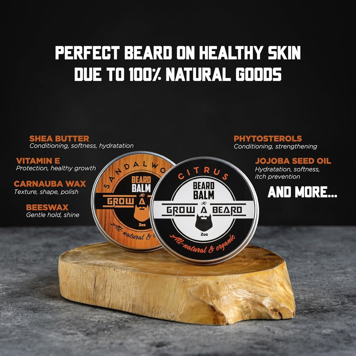 GROW ALPHA BEARD sandalwood jar top view reveals balm texture and easy scoop benefit