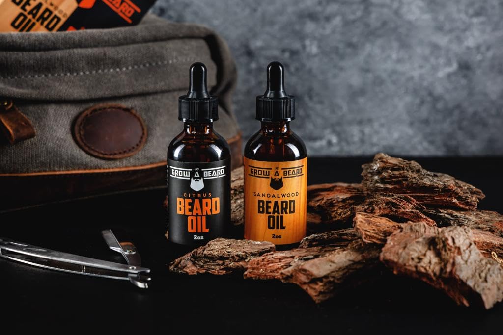 GROW ALPHA BEARD two-bottle pack arranged to show scent pairing and gift-ready packaging