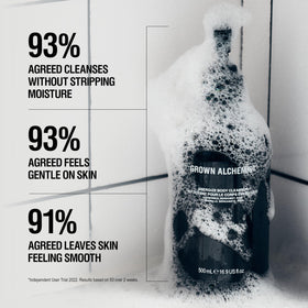 Grown Alchemist 500 ml bottle beside a hand for scale to show generous, long-lasting supply benefit
