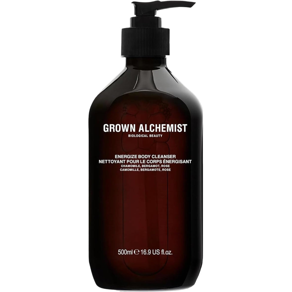 Grown Alchemist front bottle of Energize Body Cleanser showing packaging and size benefit