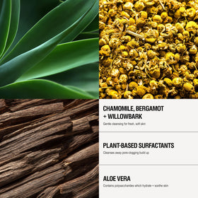 Grown Alchemist ingredient layout highlighting willow bark and aloe benefits