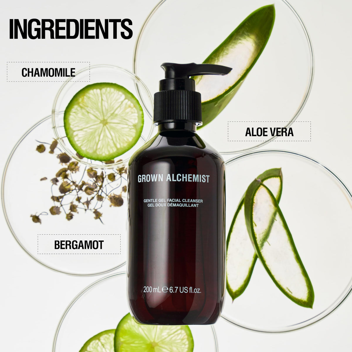Grown Alchemist label close-up emphasising botanical extracts and gentle action