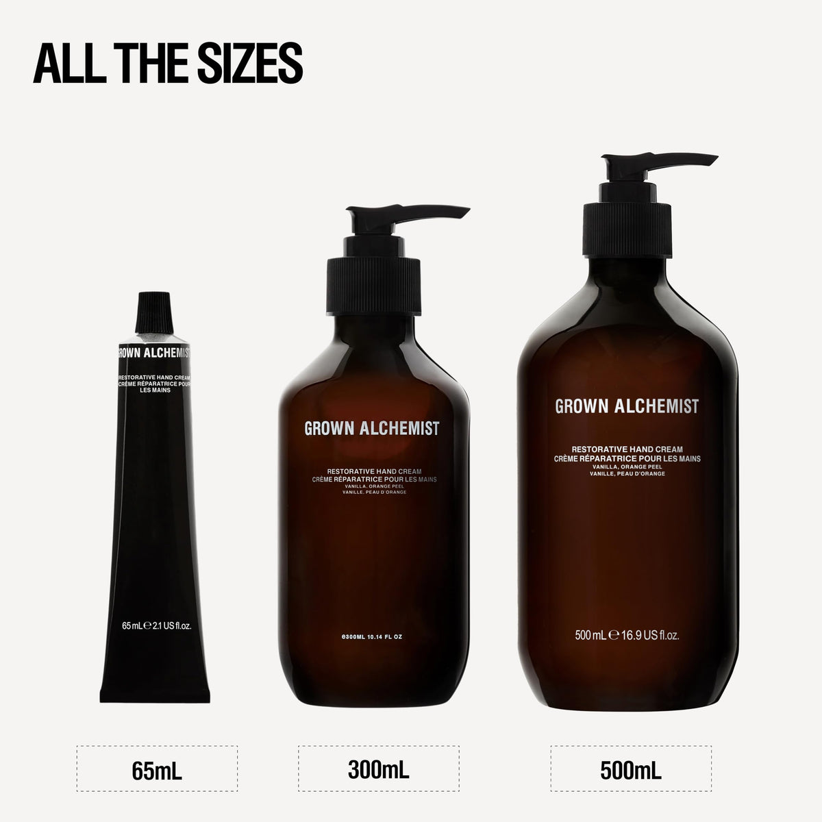 Grown Alchemist tube beside wallet illustrating 65ml travel-sized convenience