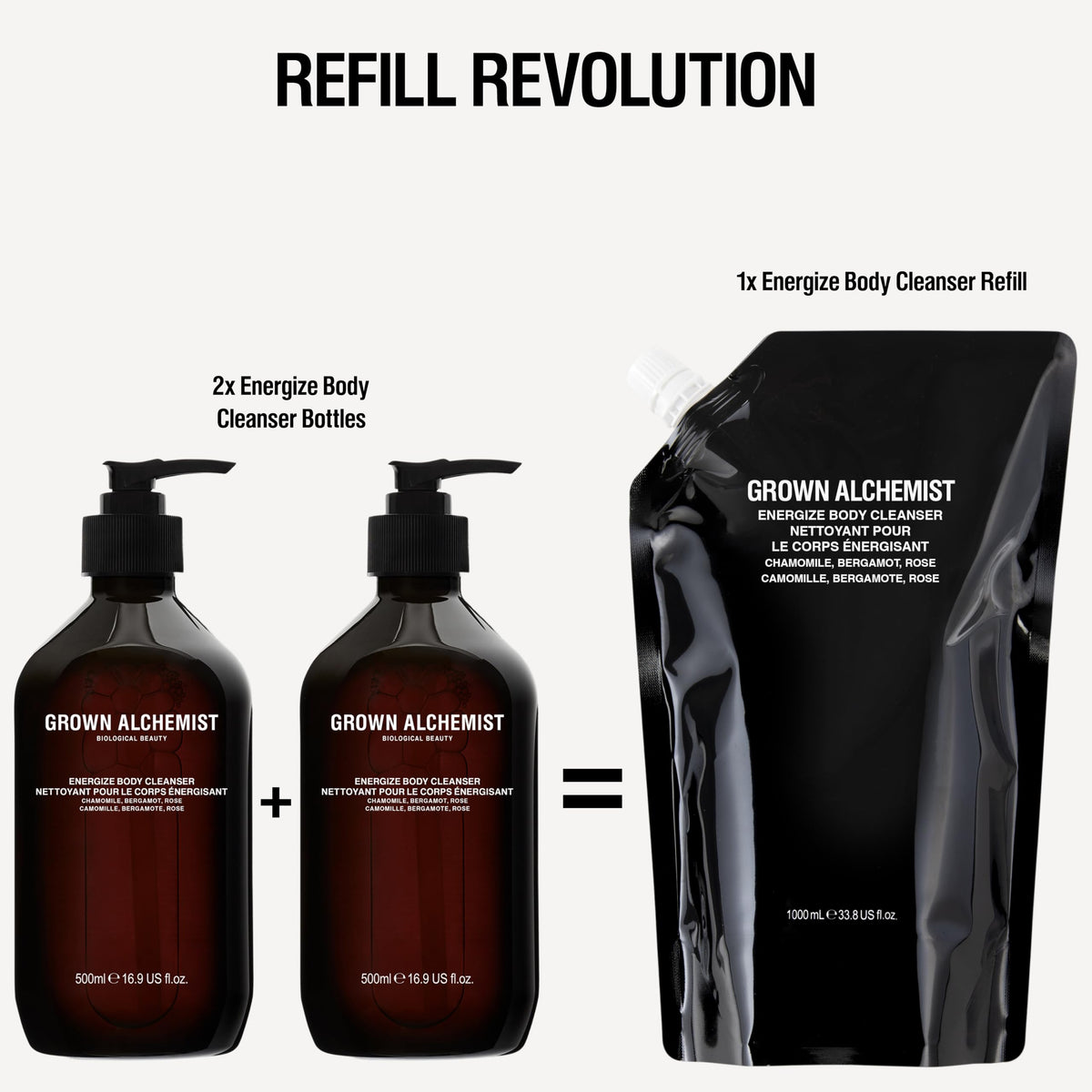 Grown Alchemist body cleanser in shower scene being used to refresh skin and senses benefit