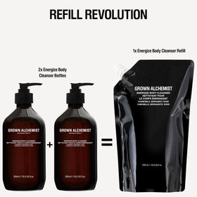 Grown Alchemist body cleanser in shower scene being used to refresh skin and senses benefit