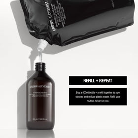 Grown Alchemist refill and 500mL bottle comparison promoting reduced-plastic benefit