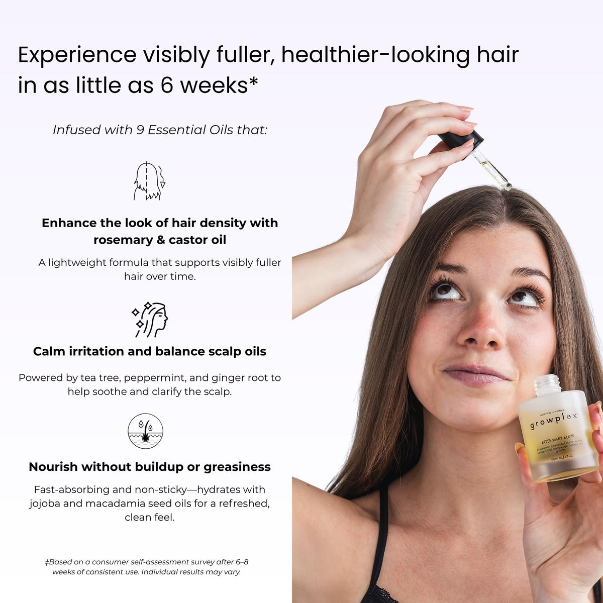 GROWPLEX oil pour showing lightweight texture and quick absorption benefit