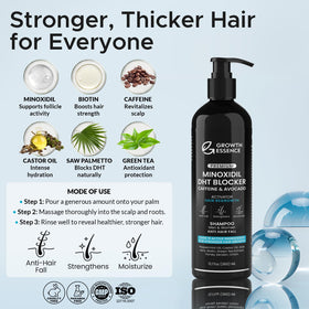 Growth Essence ingredients grouping with caffeine castor oil and biotin highlighting support