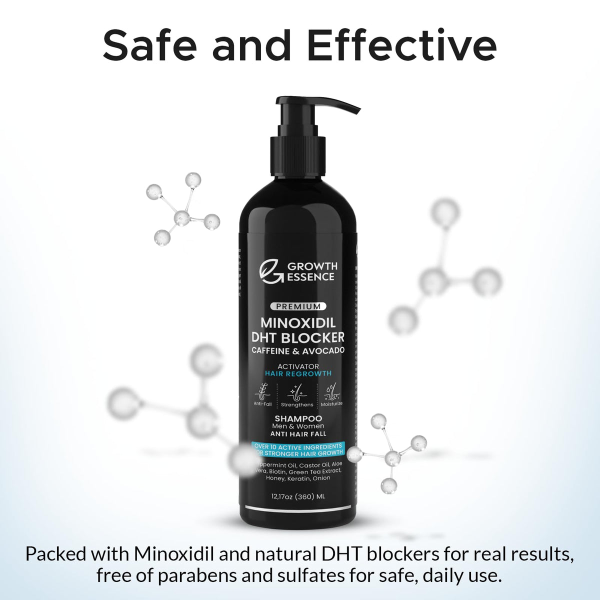 Growth Essence product label close-up listing minoxidil biotin and botanical extracts benefits