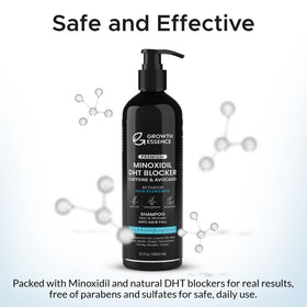 Growth Essence product label close-up listing minoxidil biotin and botanical extracts benefits