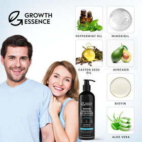 Growth Essence bottle next to a hand for scale showing practical everyday size