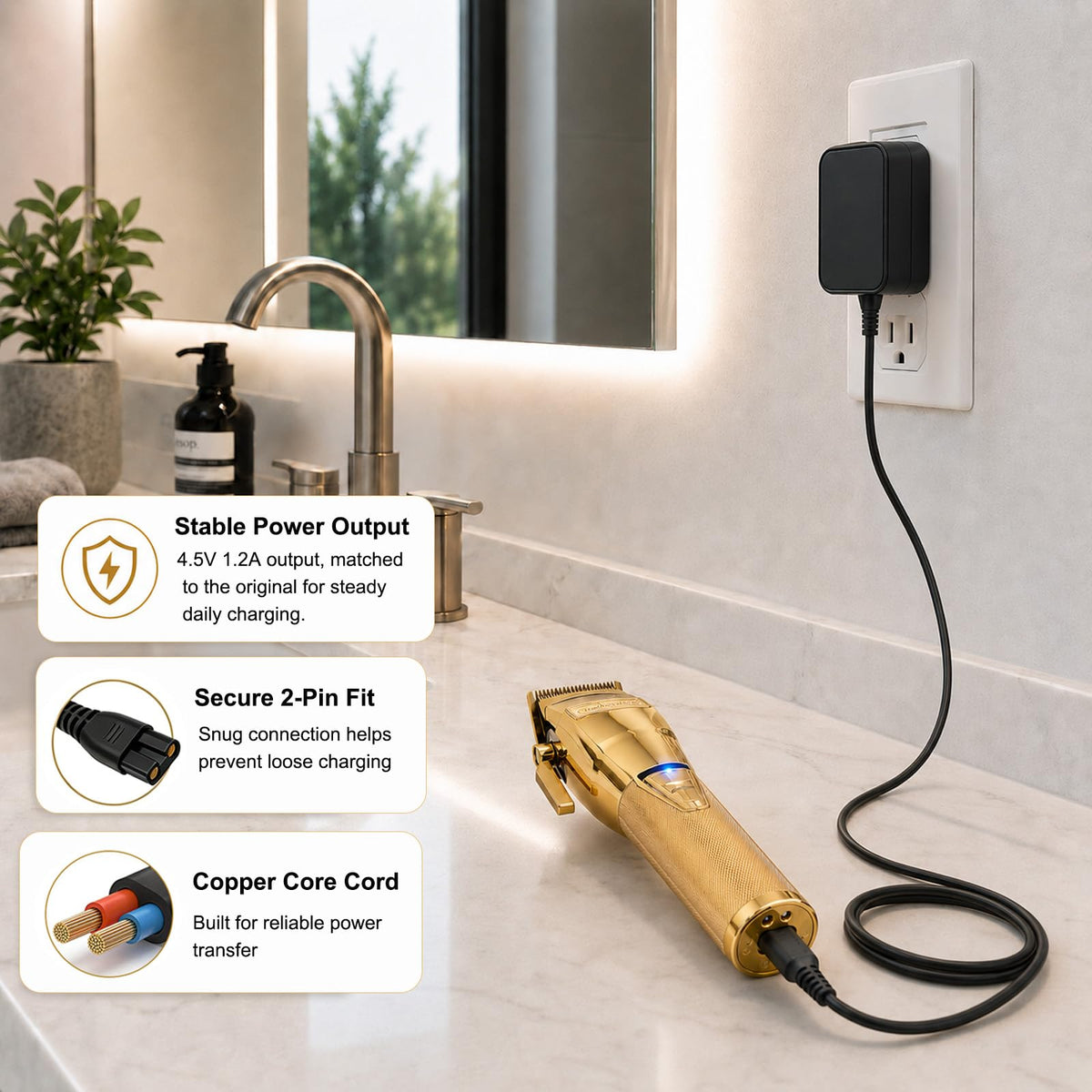 Gsojaru charger connected to BaByliss trimmer illustrating ready-to-use convenience