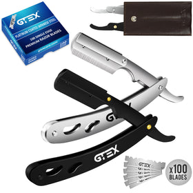 GTEX shavette kit front packaging showing two razors and blade pack benefit precision