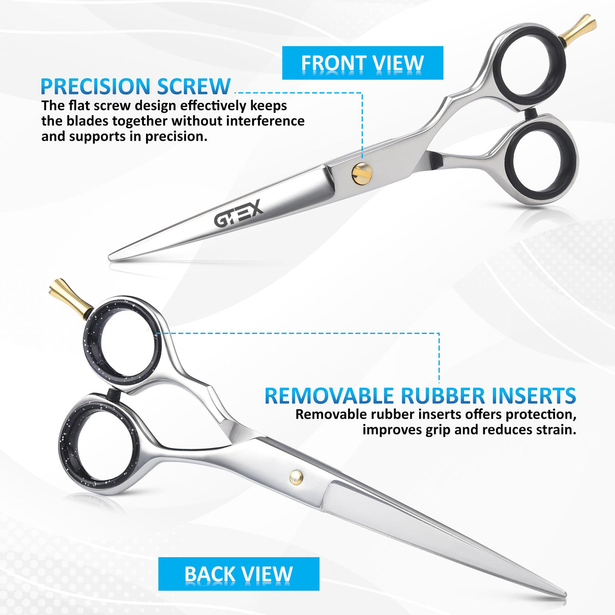 GTEX scissors held in hand with comb, showing ease of use and control
