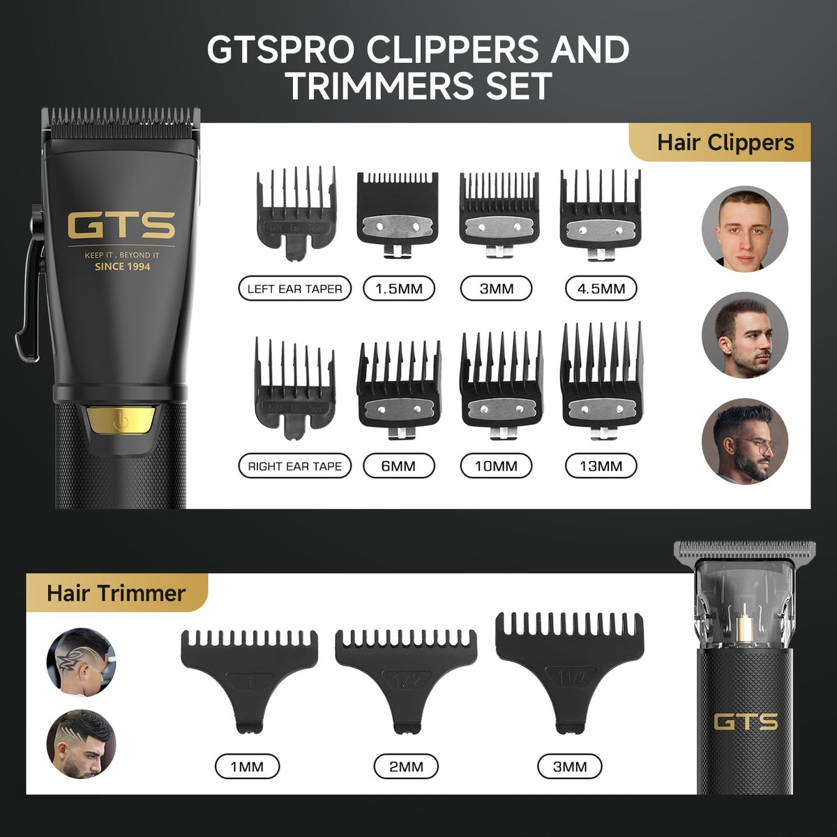 GTS PRO accessories laid out with combs, oil, brush and cape included