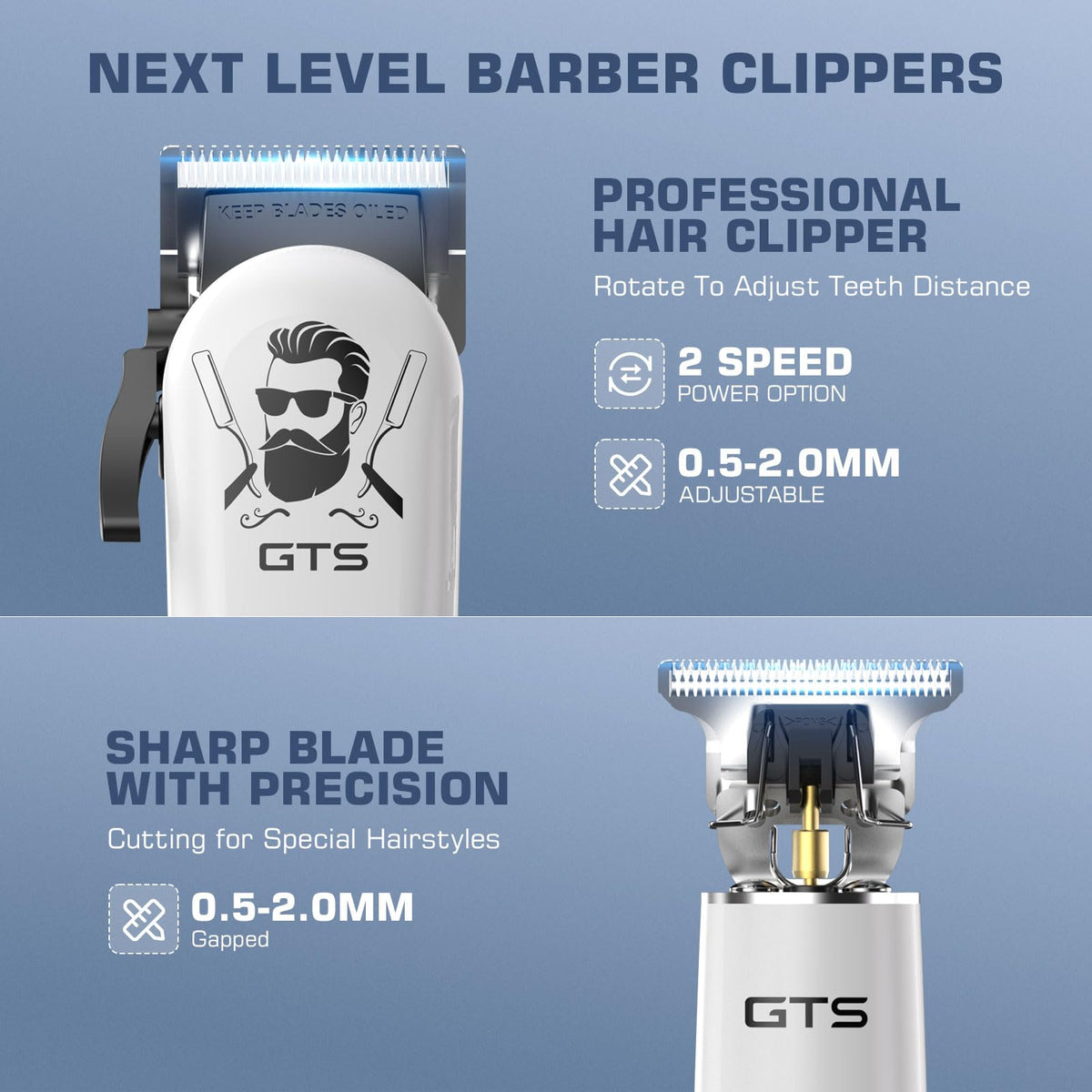 GTS PRO clippers front closeup highlighting ergonomic grip and precise control benefit