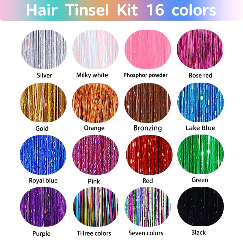 GTTUKK multicolor tinsel array displaying 16 colors for styling versatility