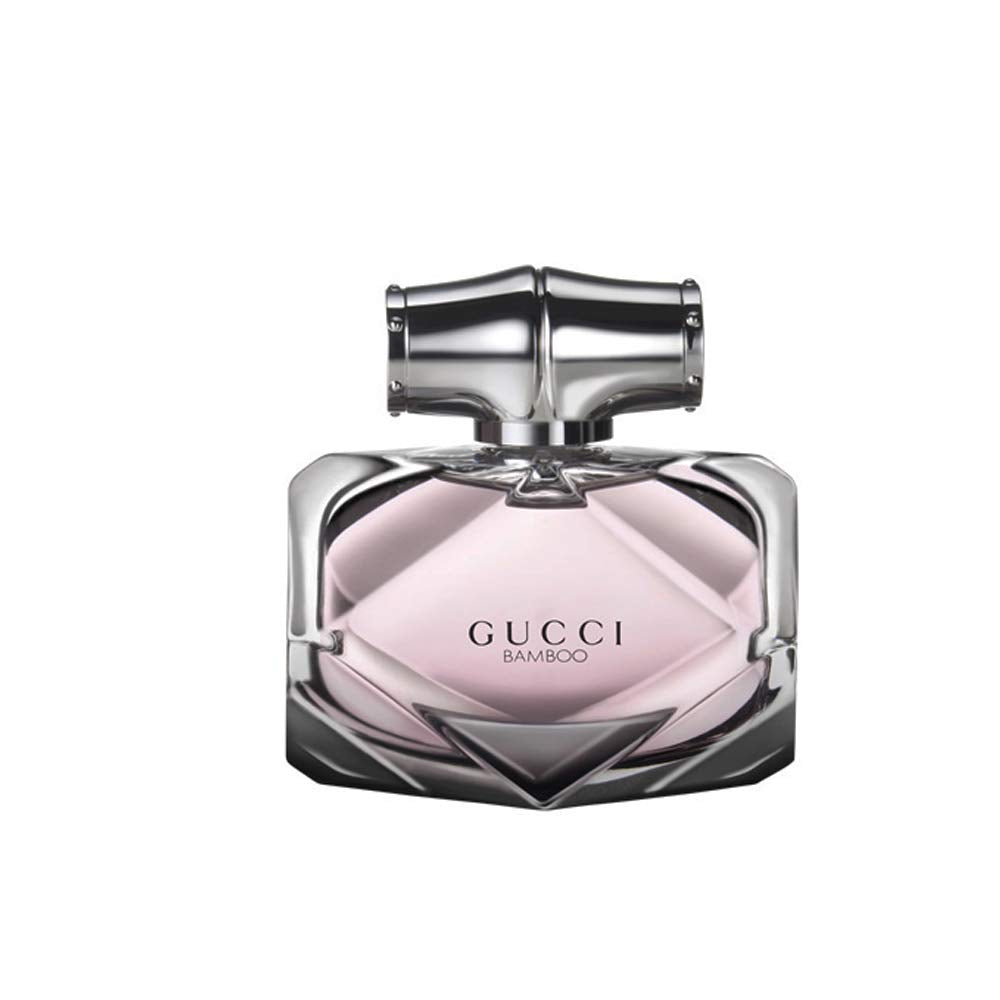 Close-up Gucci Bamboo spray nozzle and glass bottle highlighting easy application and luxury finish
