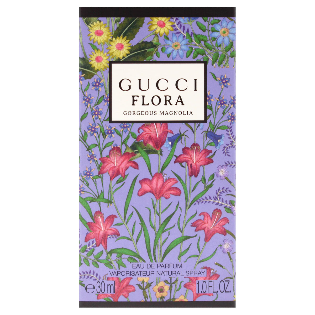 Gucci Flora bottle next to a hand to show 30 ml scale for travel convenience