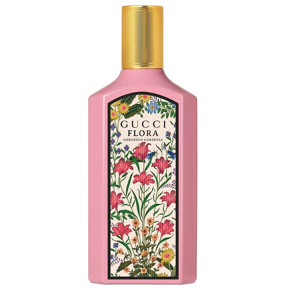 Gucci bottle front view showcasing Flora Gorgeous Gardenia and elegant packaging benefit: gift-ready