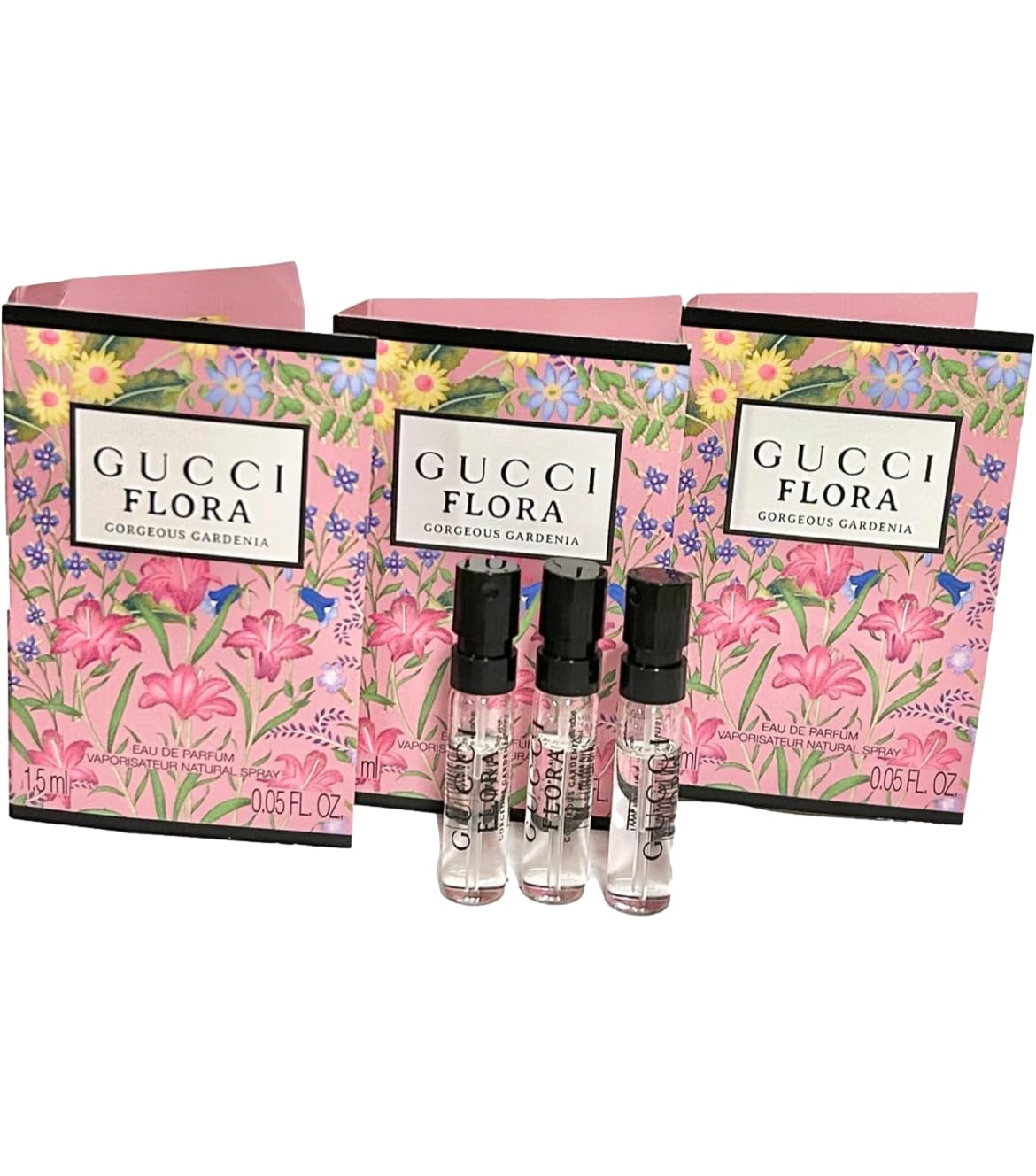 Gucci Flora Gorgeous Gardenia front packaging showing three sample sprays for easy testing