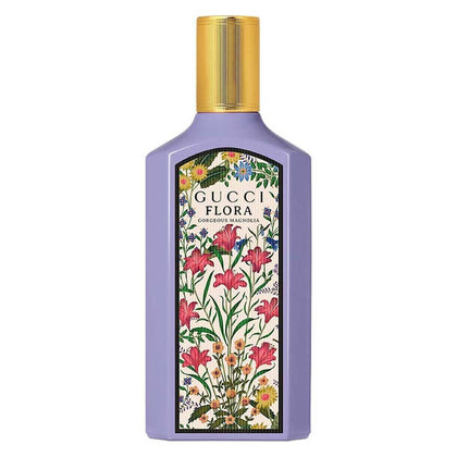 Gucci bottle front view showing Flora Gorgeous Magnolia and luxury appeal
