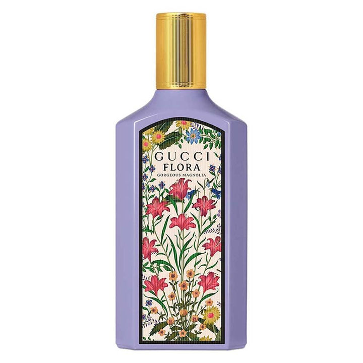 Gucci bottle front view showing Flora Gorgeous Magnolia and luxury appeal