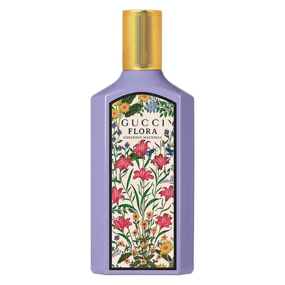 Gucci bottle front view showing Flora Gorgeous Magnolia and luxury appeal