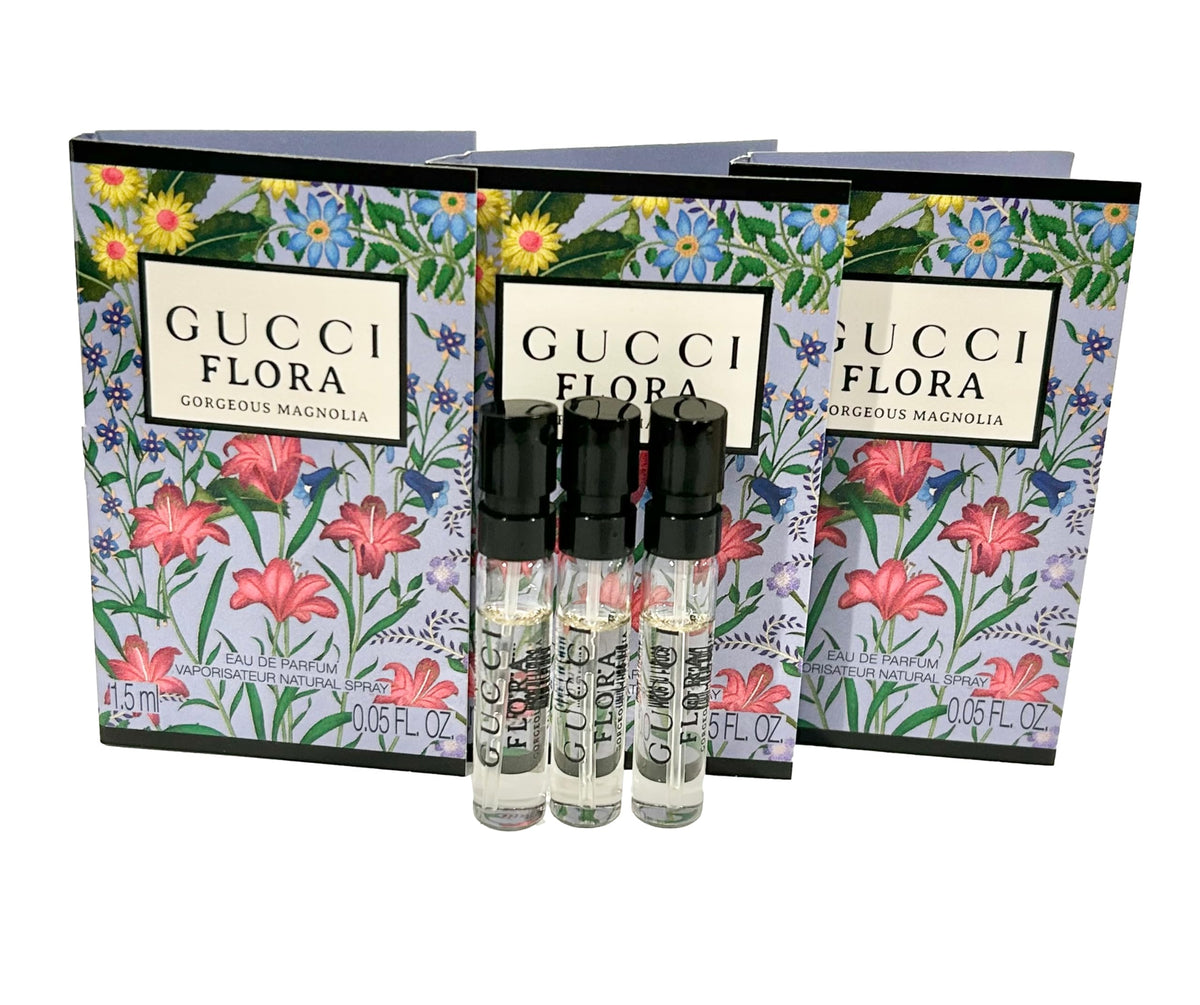Gucci Flora Gorgeous Magnolia front spray vial showing brand and compact size for travel