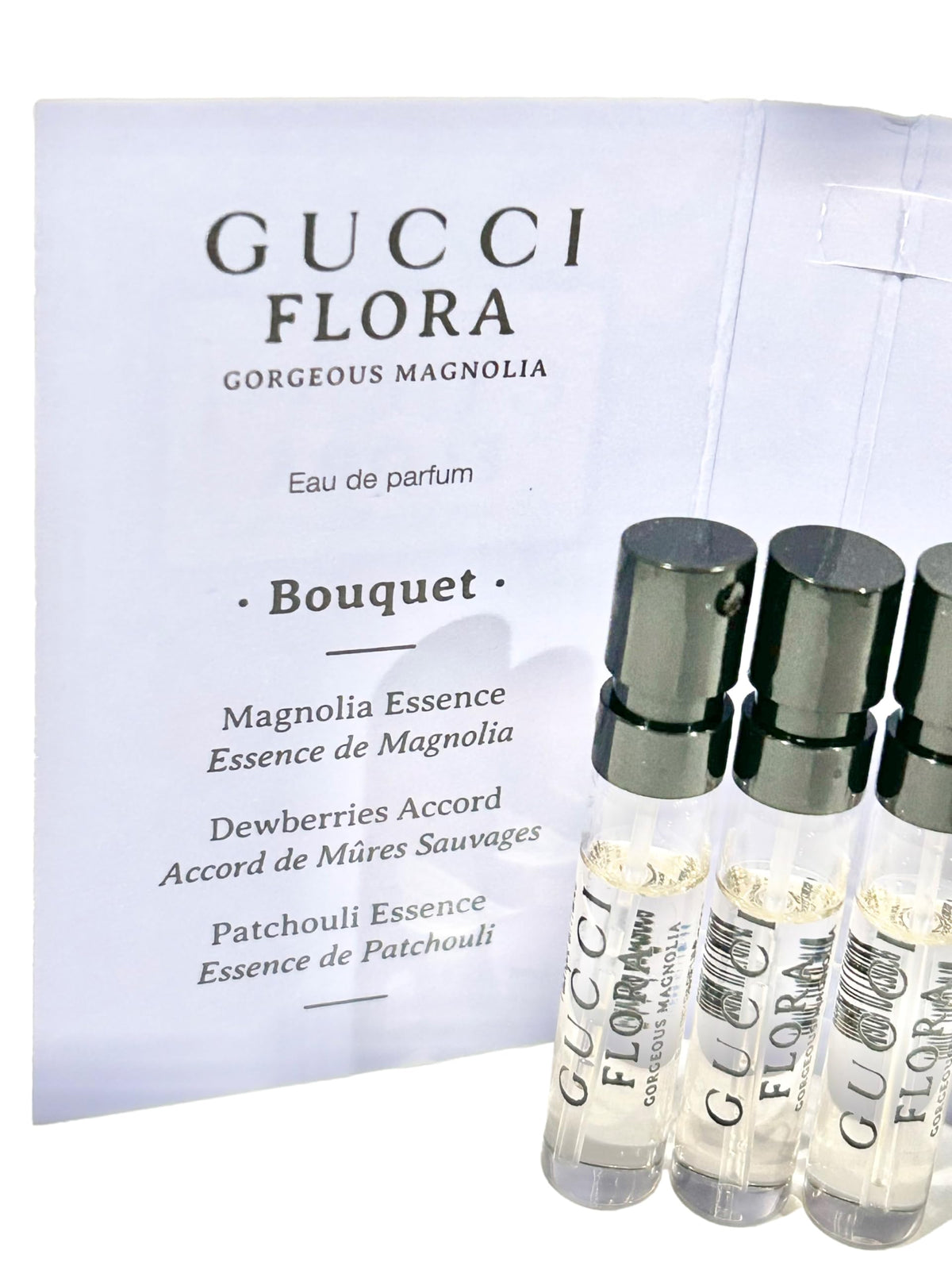 Gucci Flora Gorgeous Magnolia set in a clutch showing convenience for on-the-go freshness
