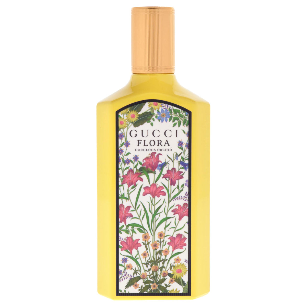 Gucci bottle side profile highlighting floral pattern and luxurious finish