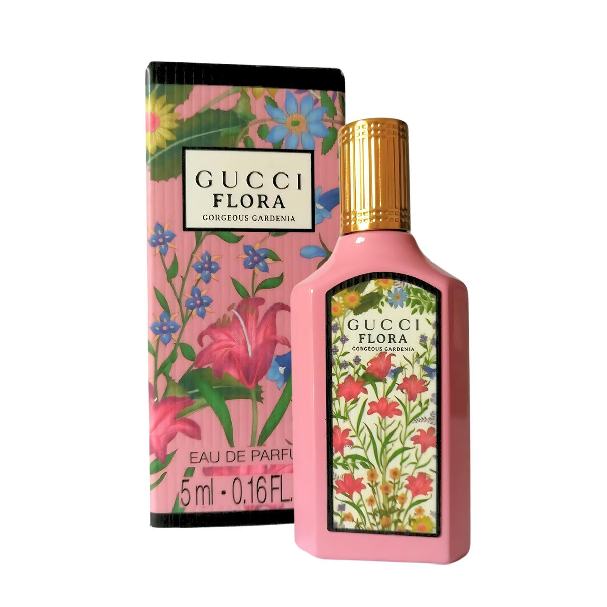 Gucci Flora Gorgeous Gardenia on a vanity in lifestyle setting conveying chic everyday use
