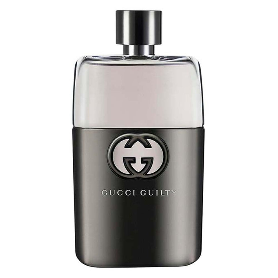 Gucci Guilty bottle front view showing sleek design and brand elegance