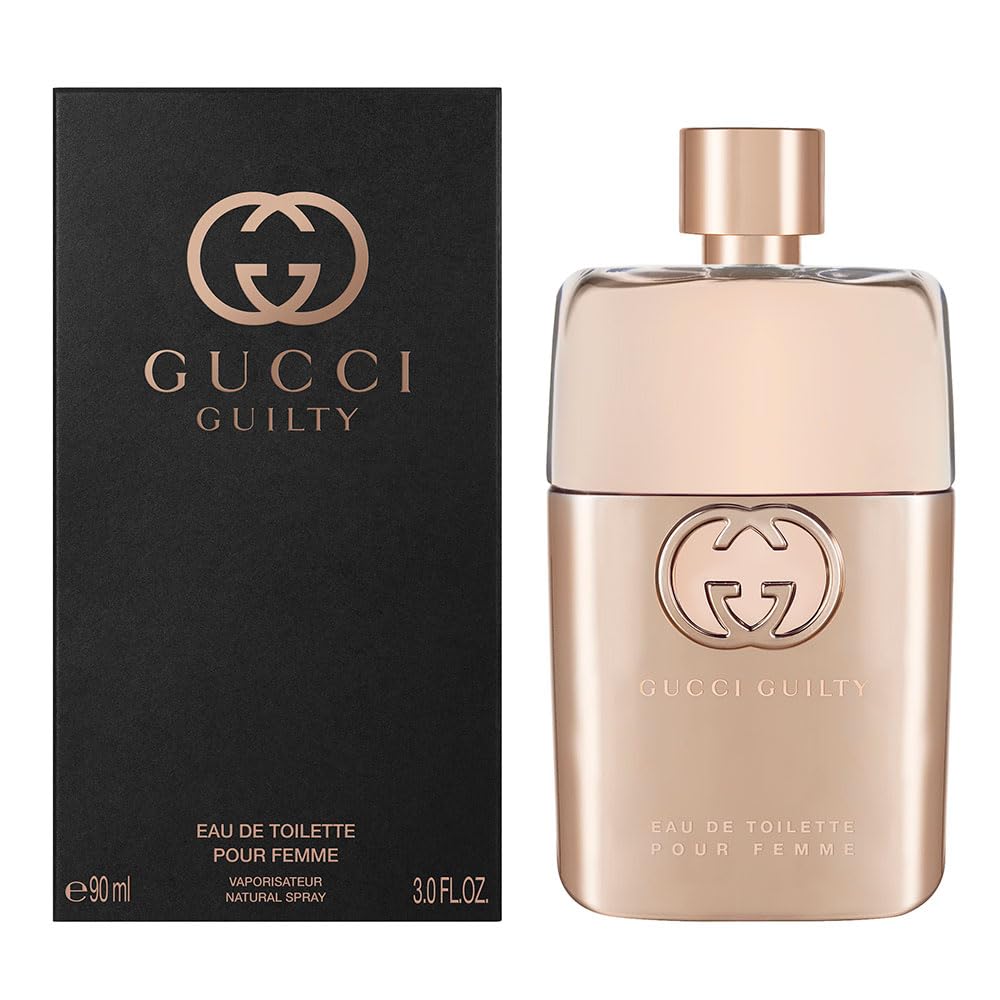 Gucci Guilty side detail highlighting glass texture and label clarity