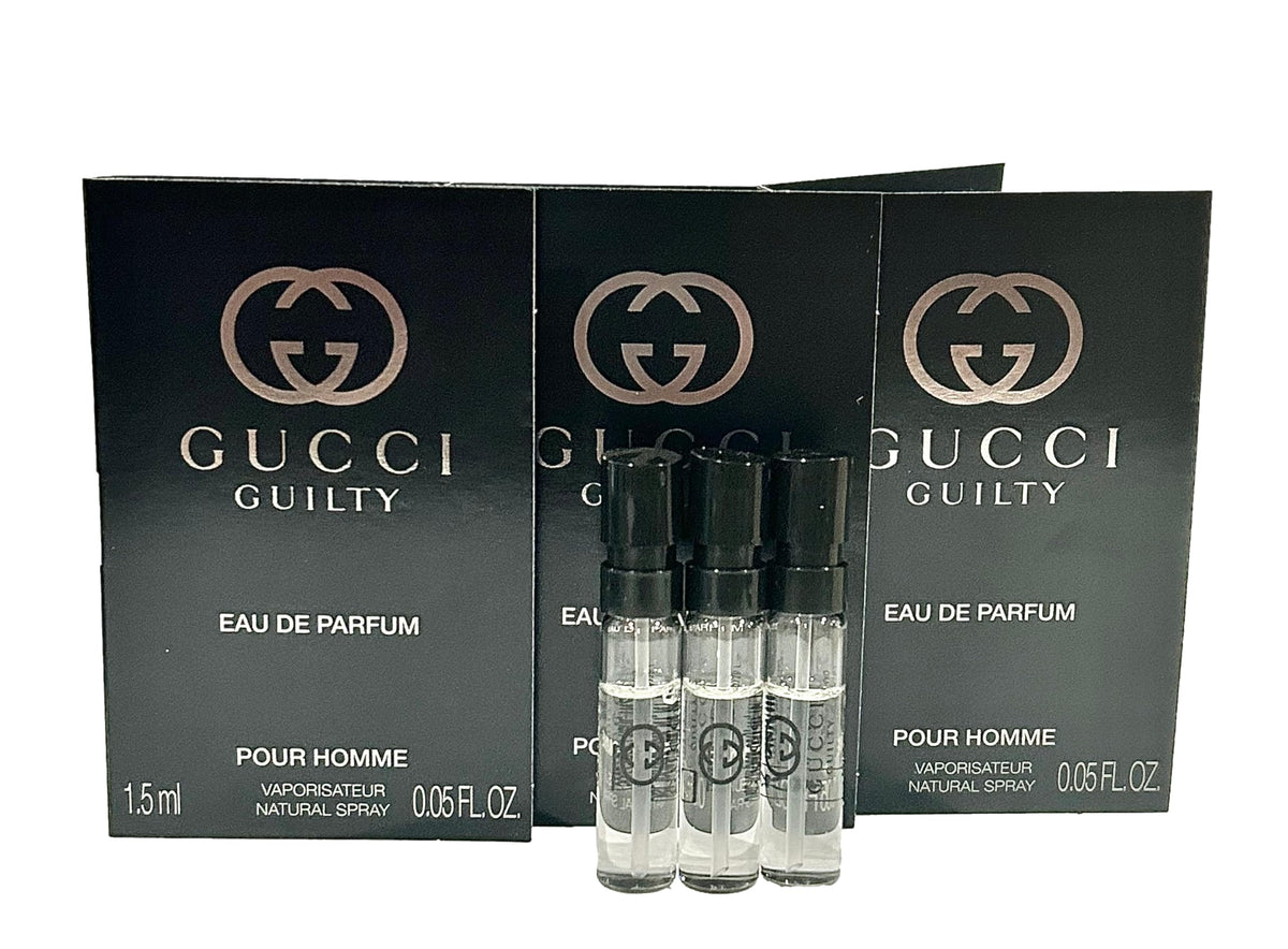 Gucci Guilty front view of three sample spray vials showing elegant compact packaging and convenience