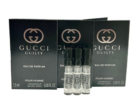 Gucci Guilty front view of three sample spray vials showing elegant compact packaging and convenience
