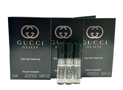 Gucci Guilty front view of three sample spray vials showing elegant compact packaging and convenience