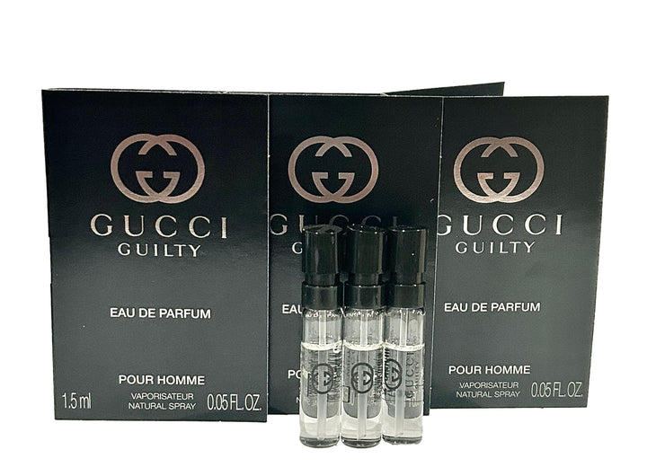 Gucci Guilty front view of three sample spray vials showing elegant compact packaging and convenience