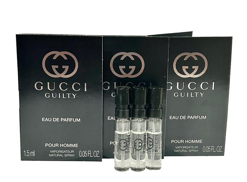 Gucci Guilty front view of three sample spray vials showing elegant compact packaging and convenience