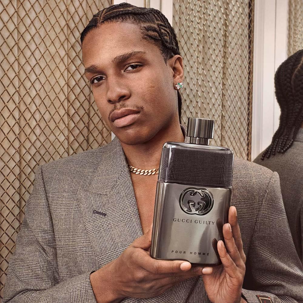 Gucci Guilty in a mens grooming scene conveying everyday stylish confidence